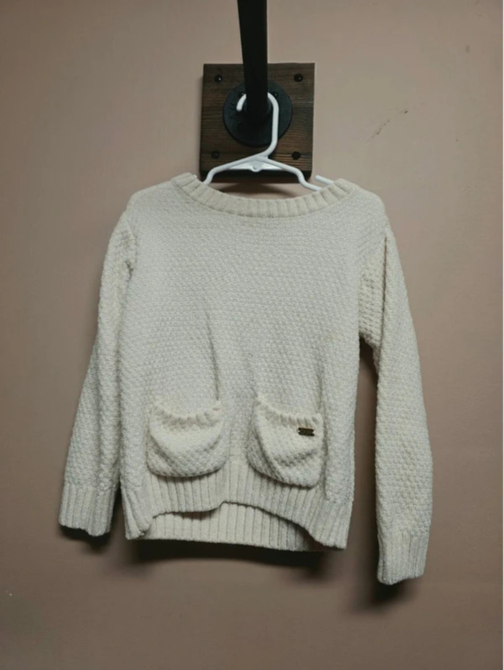 DKNY Girls Ivory Textured Knit Front-Pocket Pullover Sweater, Size 4T/4Y
